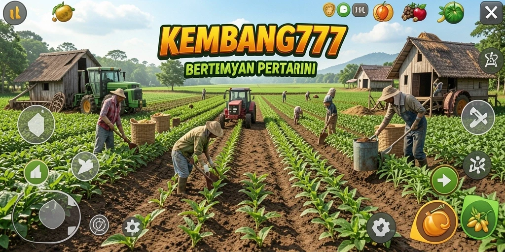 Screenshot gameplay KEMBANG777 dengan pertanian yang rimbun dan hewan ternak.
