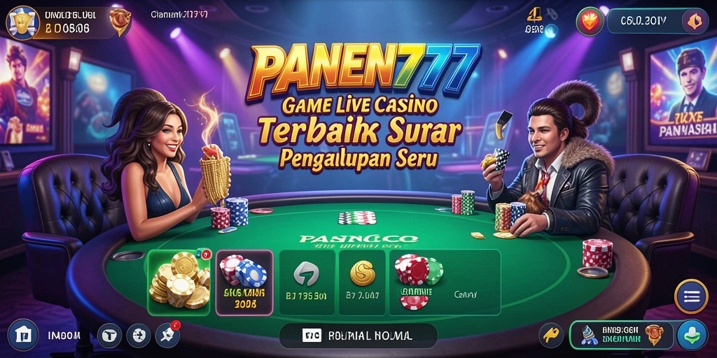 Screenshot utama PANEN77 menunjukkan dealer live yang profesional dan suasana kasino yang mendebarkan.