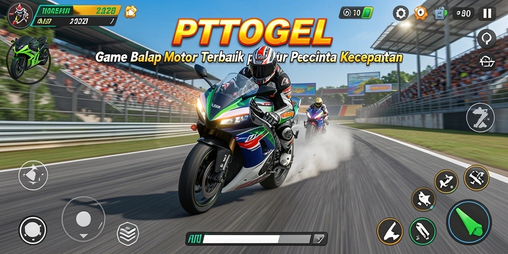 Tangkapan layar gameplay PTTOGEL yang menampilkan balapan motor yang mendebarkan.