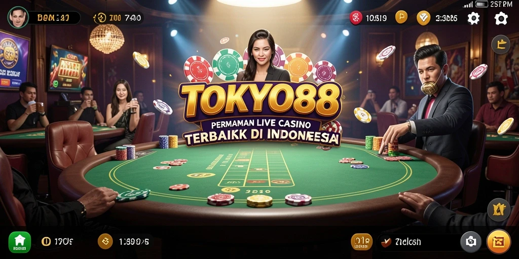 Screenshot gameplay TOKYO88 menampilkan dealer profesional dan suasana kasino yang menarik.
